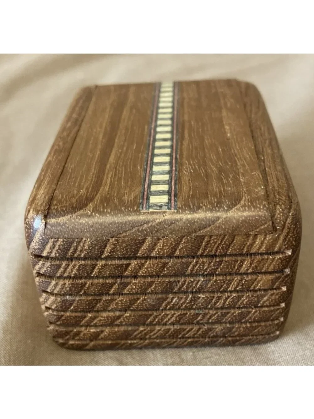 Wooden Trinket Box With Inlay Top & Slide Lid Heart On Back 2 3/4” Long